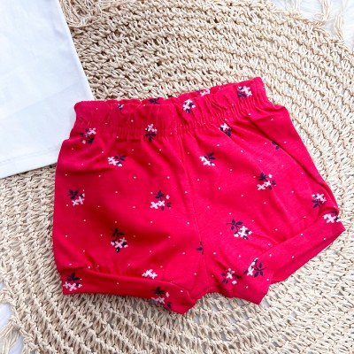 Conj. Blusa Gola Bordada e Short Florzinhas - Off White e Vermelho